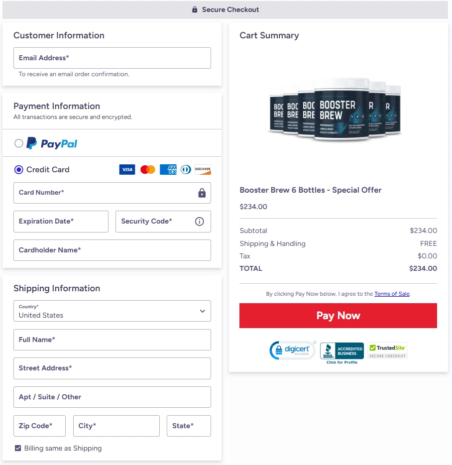 Secure Booster Brew checkout page for supplement orders