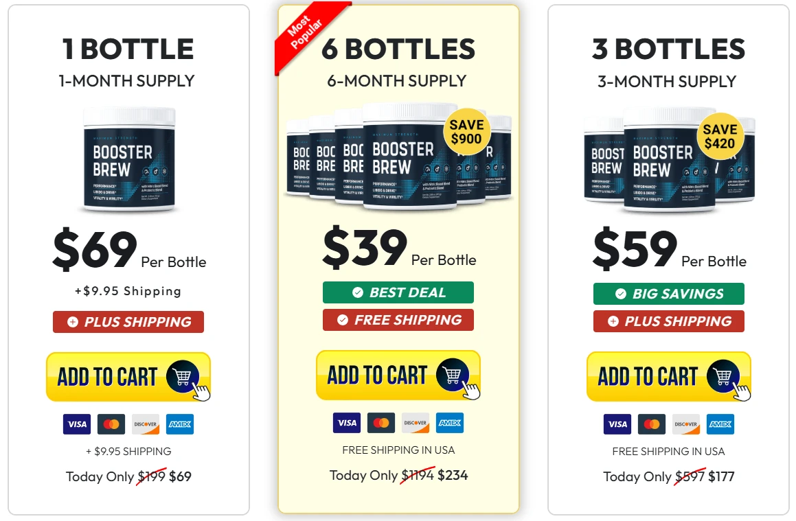 Booster Brew pricing packages with free shipping and money back guarantee